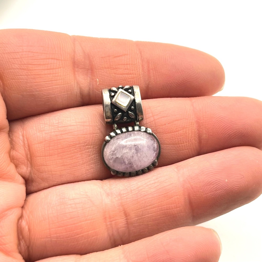 Sterling Silver 925 Lavender Amethyst & Mother of Pearl Pendant Thailand Ornate - Picture 8 of 8